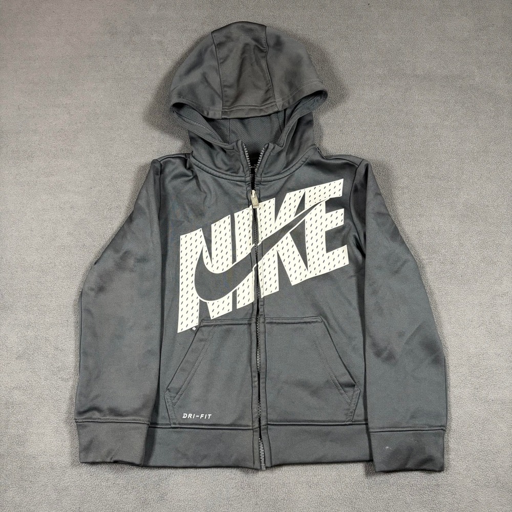 Nike Full Zip Hoodie Boys 6 Black Dri-Fit Graphic Logo Active